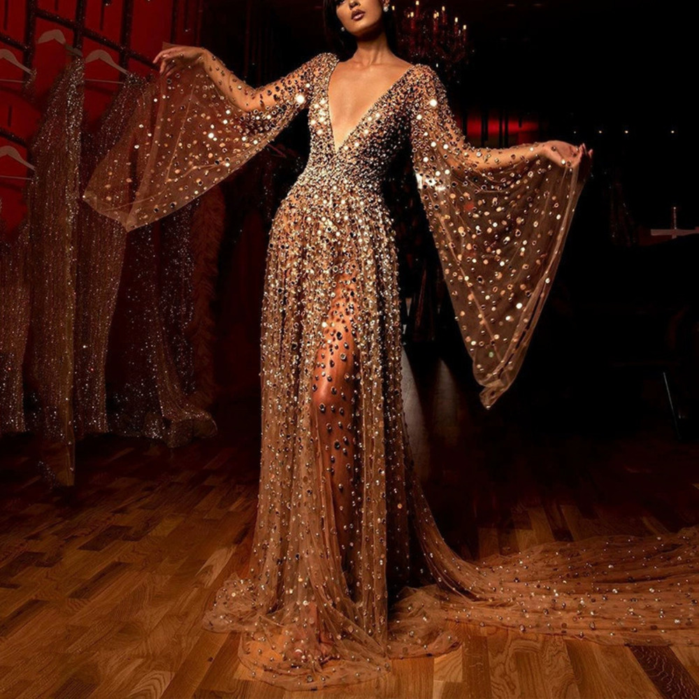 ZARA Spring Summer Long Sleeve Deep V Neck Sheer Gold Foil Maxi Gown